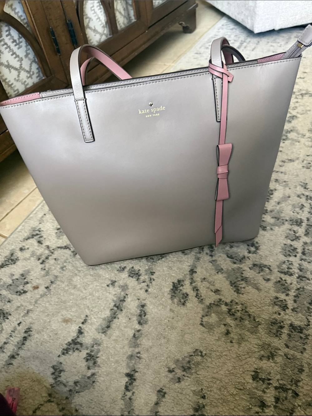 kate spade Taupe Tote with Pink Trim and Bow Strap